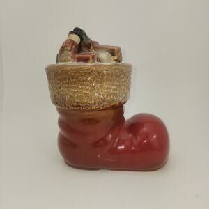 Gibson Ceramic Santa Boot Cookie Jar with Lid Christmas Holiday Red Santa Party